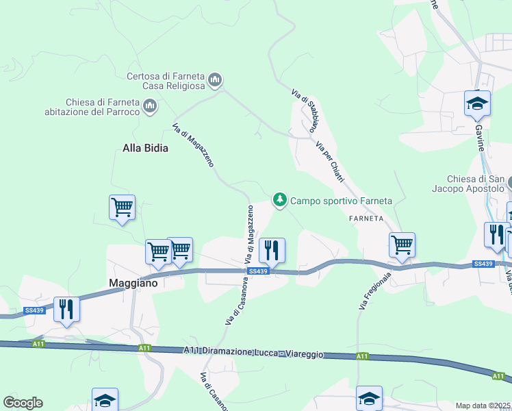 map of restaurants, bars, coffee shops, grocery stores, and more near 324 Via di Magazzeno in Lucca
