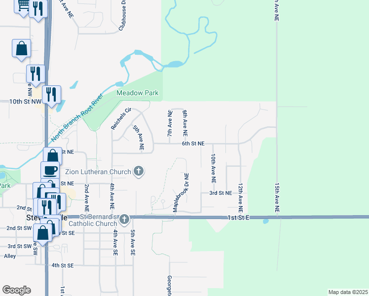 map of restaurants, bars, coffee shops, grocery stores, and more near 800 6th Street Northeast in Stewartville