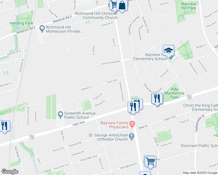 map of restaurants, bars, coffee shops, grocery stores, and more near 32 Cygnus Drive in Richmond Hill