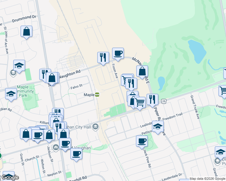map of restaurants, bars, coffee shops, grocery stores, and more near 99 Eagle Rock Way in Vaughan