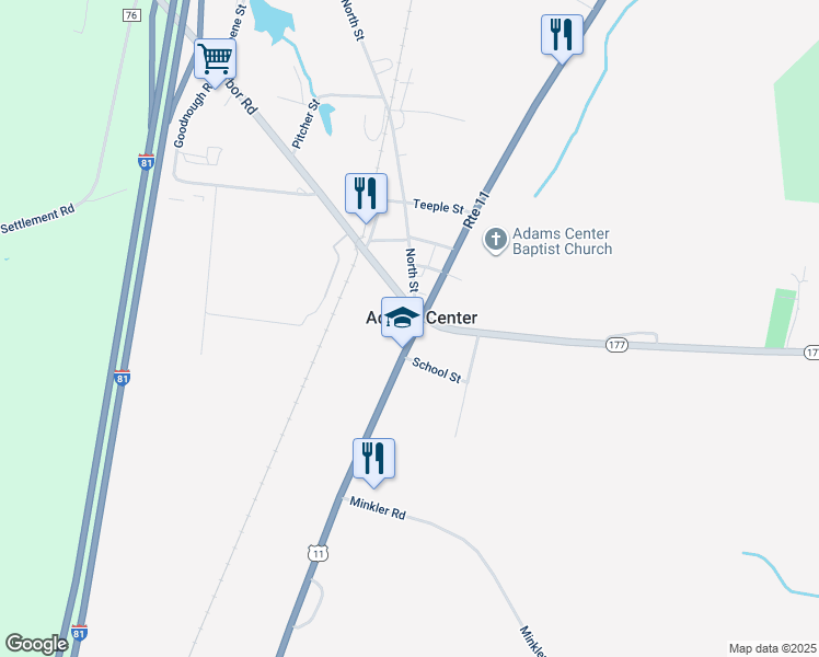 map of restaurants, bars, coffee shops, grocery stores, and more near 13235 Us Route 11 in Adams Center