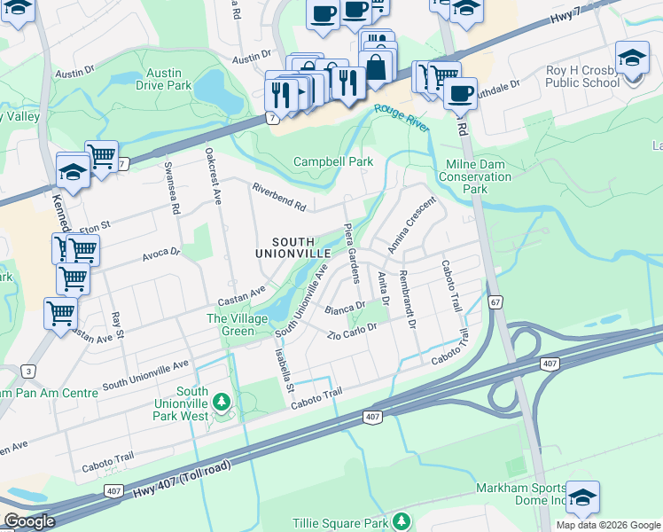 map of restaurants, bars, coffee shops, grocery stores, and more near 555 South Unionville Avenue in Markham