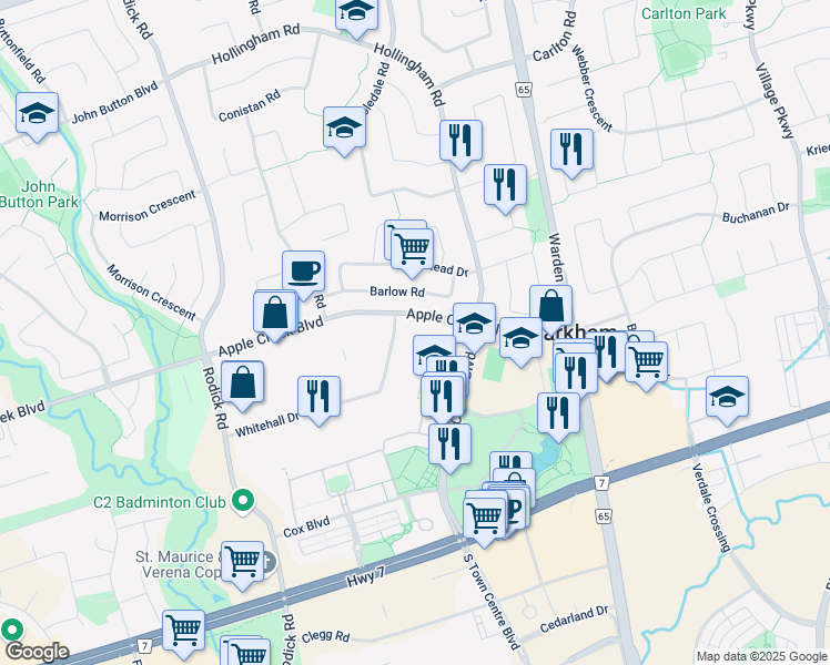 map of restaurants, bars, coffee shops, grocery stores, and more near 241 Whitehall Drive in Markham