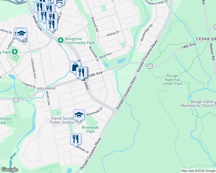 map of restaurants, bars, coffee shops, grocery stores, and more near 149 Riverwalk Drive in Markham