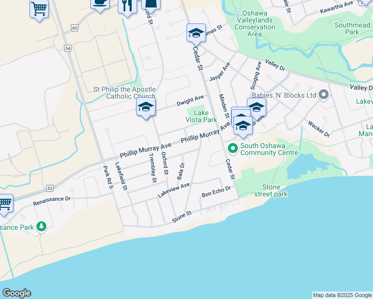 map of restaurants, bars, coffee shops, grocery stores, and more near 510 Monteith Avenue in Oshawa