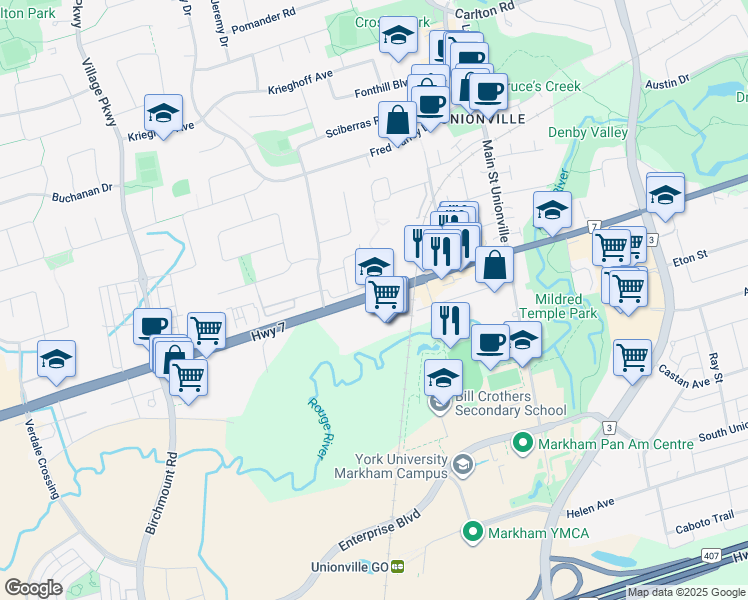 map of restaurants, bars, coffee shops, grocery stores, and more near 4271 Highway 7 in Markham