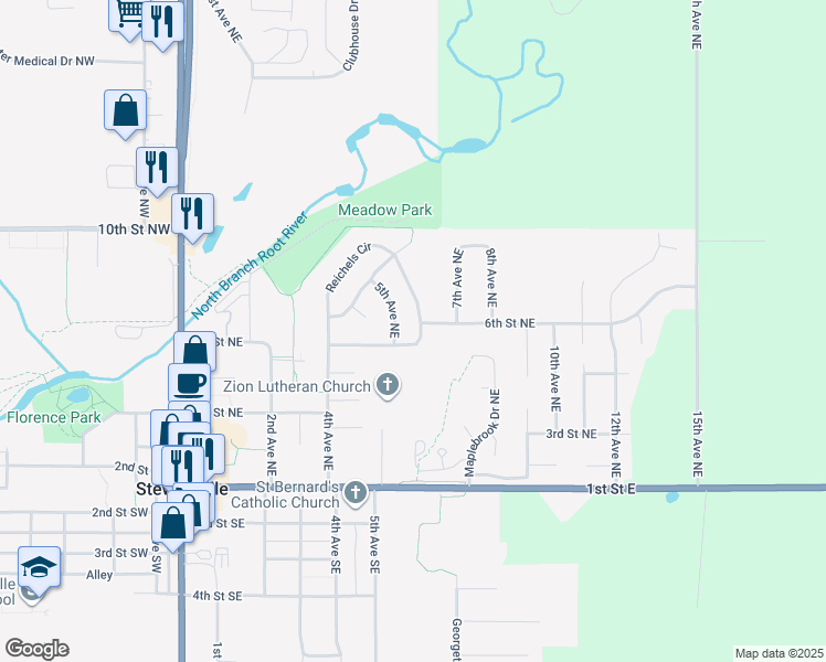 map of restaurants, bars, coffee shops, grocery stores, and more near 507 6th Street Northeast in Stewartville