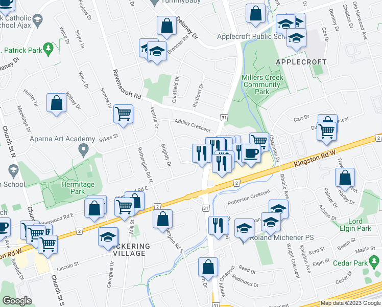 map of restaurants, bars, coffee shops, grocery stores, and more near 9 Addley Crescent in Ajax
