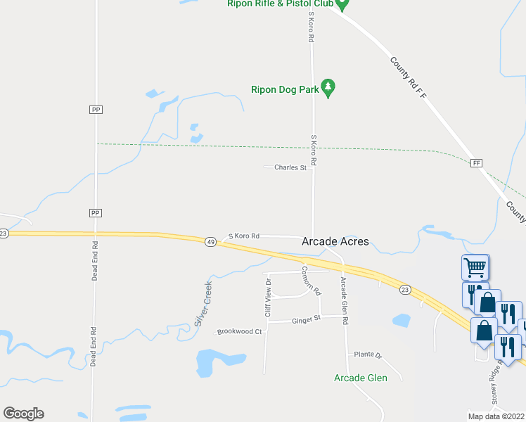 map of restaurants, bars, coffee shops, grocery stores, and more near W14293 South Koro Road in Ripon