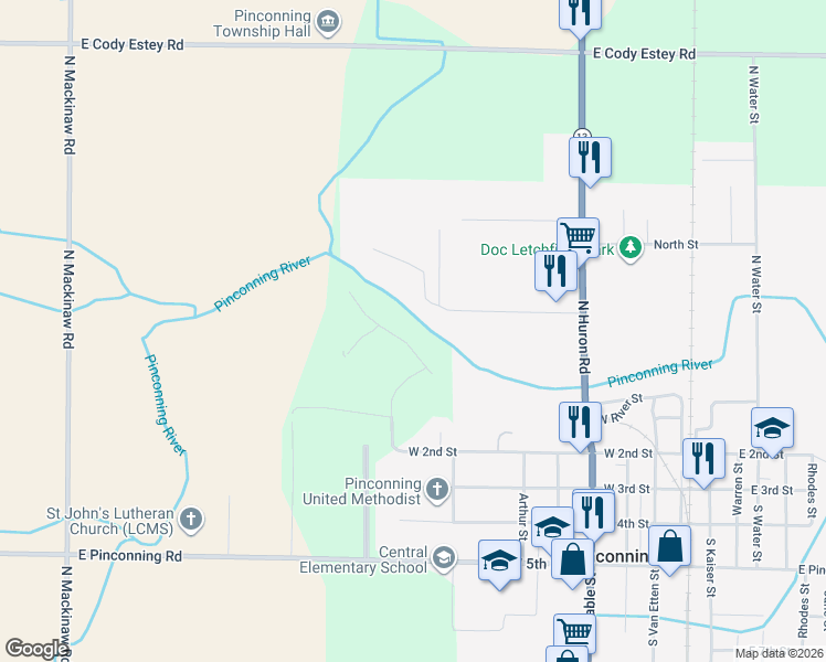 map of restaurants, bars, coffee shops, grocery stores, and more near 1136 Jule Drive in Pinconning