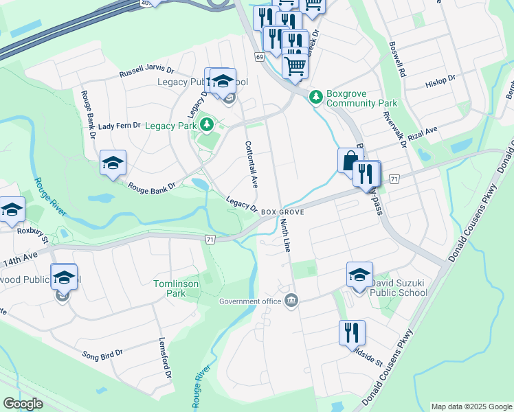 map of restaurants, bars, coffee shops, grocery stores, and more near 7 Legacy Drive in Markham