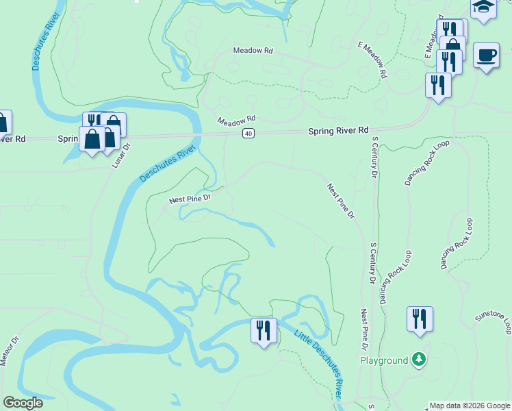 map of restaurants, bars, coffee shops, grocery stores, and more near 17530 Little River Dr in Bend