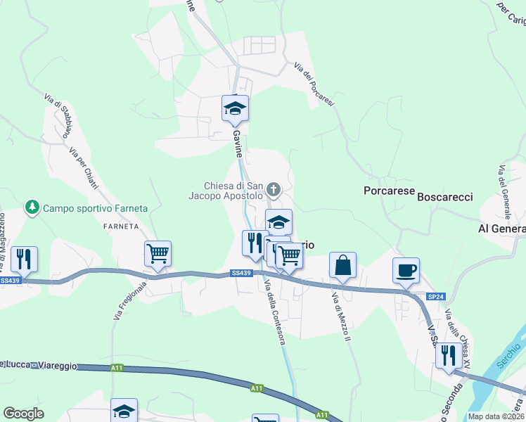 map of restaurants, bars, coffee shops, grocery stores, and more near 215/M Via delle Gavine in Lucca