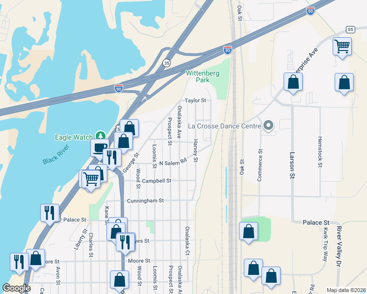 map of restaurants, bars, coffee shops, grocery stores, and more near 2628 Onalaska Avenue in La Crosse