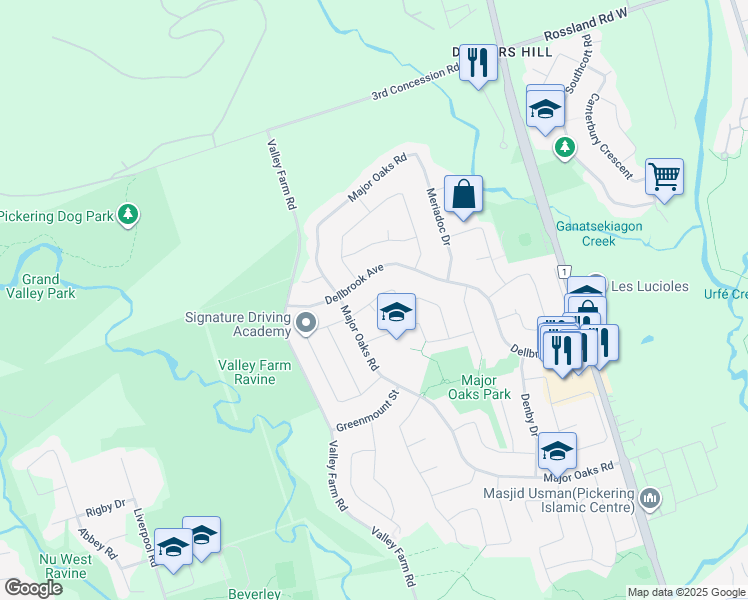 map of restaurants, bars, coffee shops, grocery stores, and more near 1608 Middleton Street in Pickering