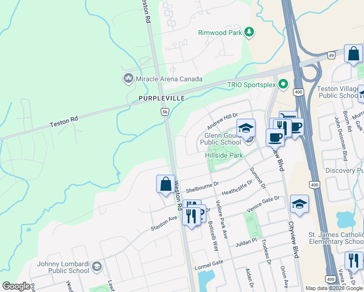 map of restaurants, bars, coffee shops, grocery stores, and more near 279 Twin Hills Crescent in Vaughan