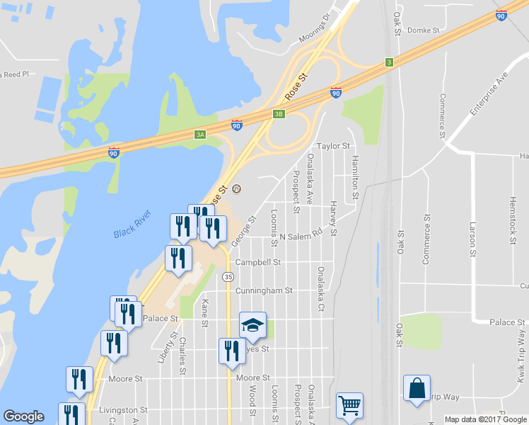 map of restaurants, bars, coffee shops, grocery stores, and more near 2631 Loomis Street in La Crosse