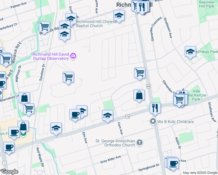 map of restaurants, bars, coffee shops, grocery stores, and more near 12 Wilfred Court in Richmond Hill