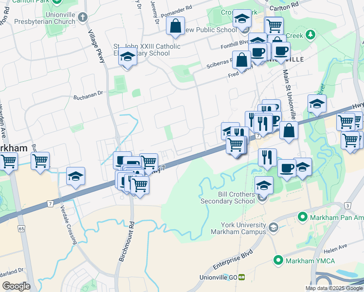 map of restaurants, bars, coffee shops, grocery stores, and more near 116 Lichfield Road in Markham