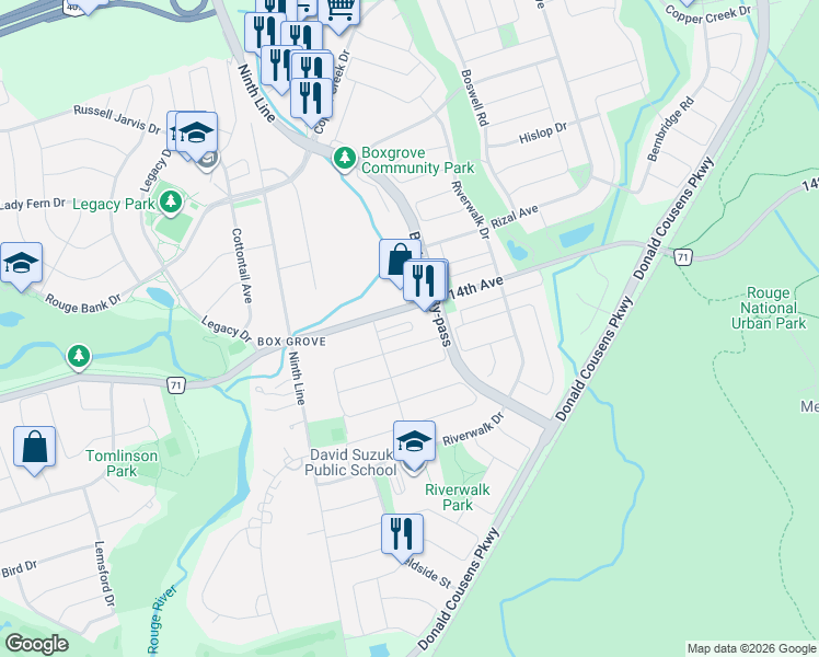 map of restaurants, bars, coffee shops, grocery stores, and more near 25 Caviglia Lane in Markham