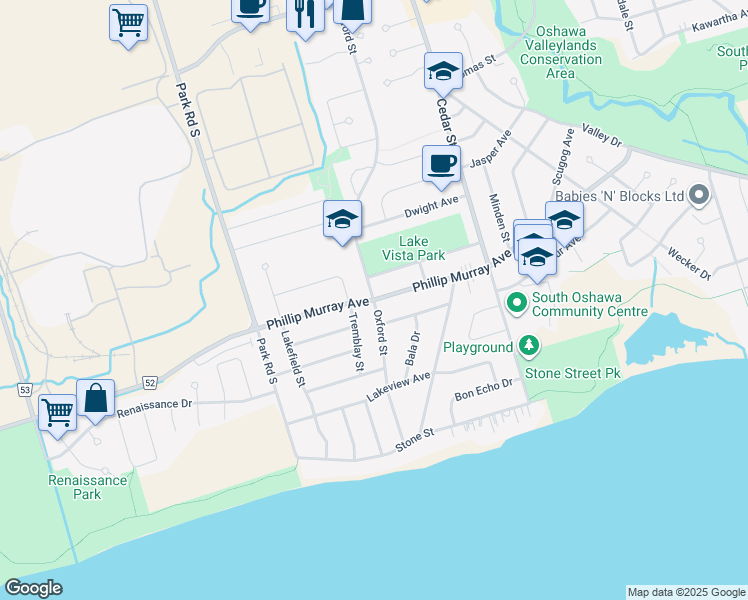 map of restaurants, bars, coffee shops, grocery stores, and more near Phillip Murray Ave & Oxford St in Oshawa