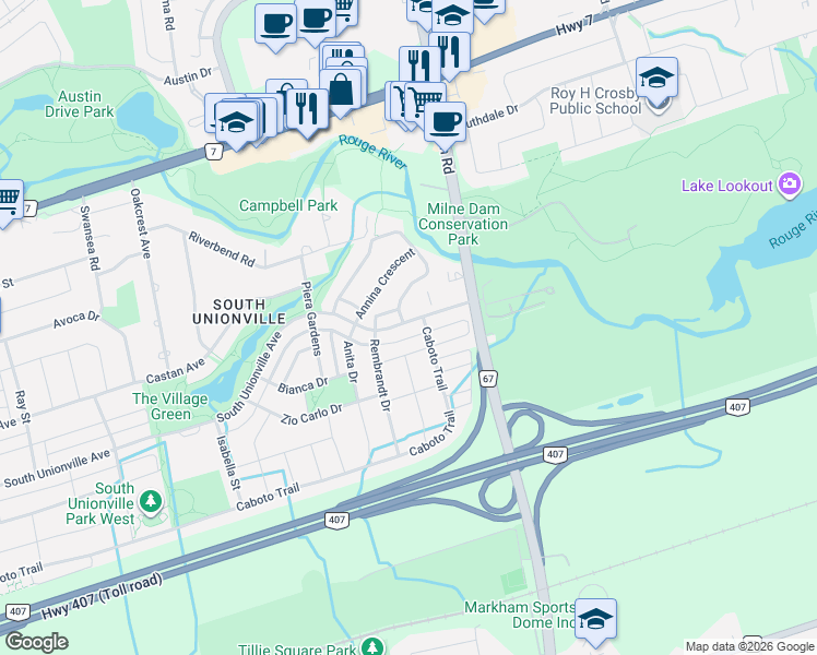 map of restaurants, bars, coffee shops, grocery stores, and more near 655 South Unionville Avenue in Markham