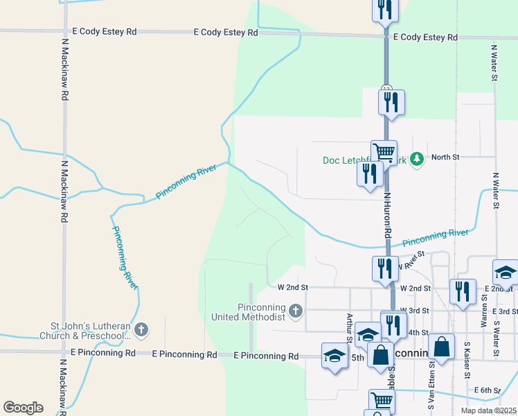 map of restaurants, bars, coffee shops, grocery stores, and more near 1 Debra Court in Pinconning