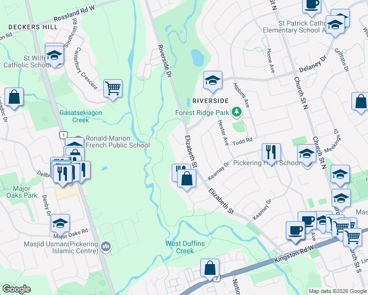 map of restaurants, bars, coffee shops, grocery stores, and more near 16 Mcneilage Court in Ajax