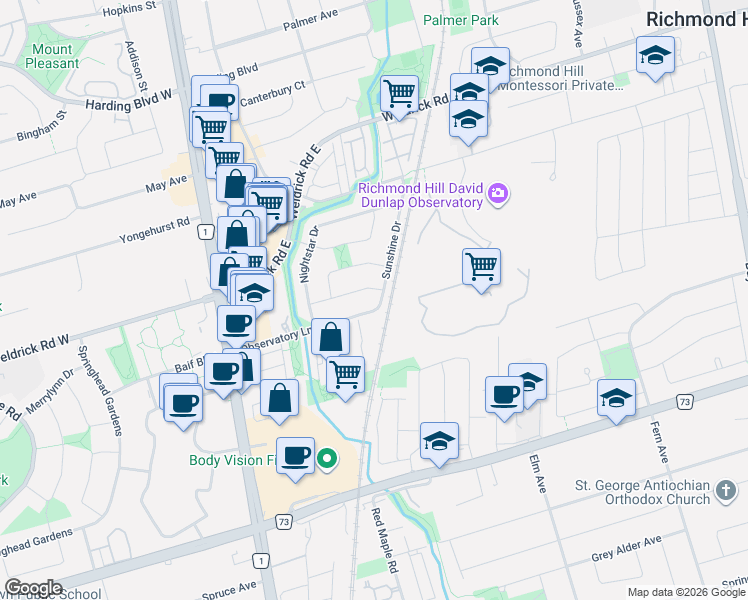 map of restaurants, bars, coffee shops, grocery stores, and more near 4 Sunshine Drive in Richmond Hill