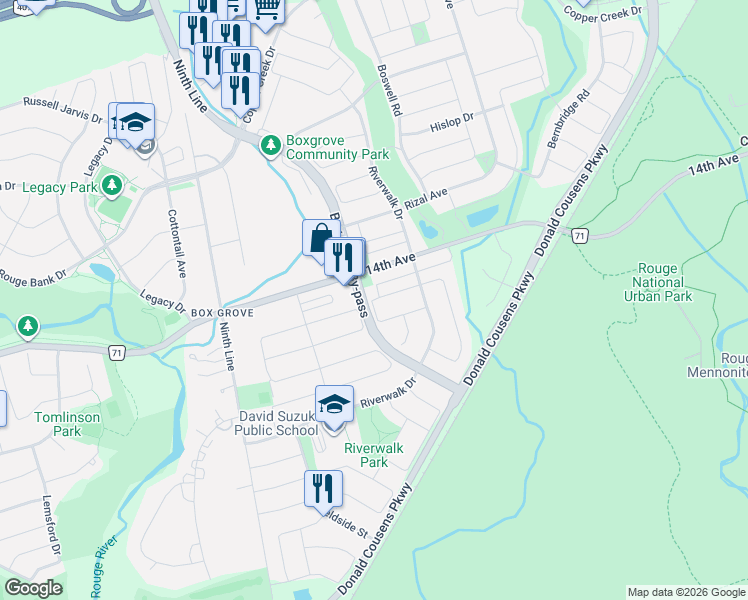 map of restaurants, bars, coffee shops, grocery stores, and more near 58 Andriana Crescent in Markham