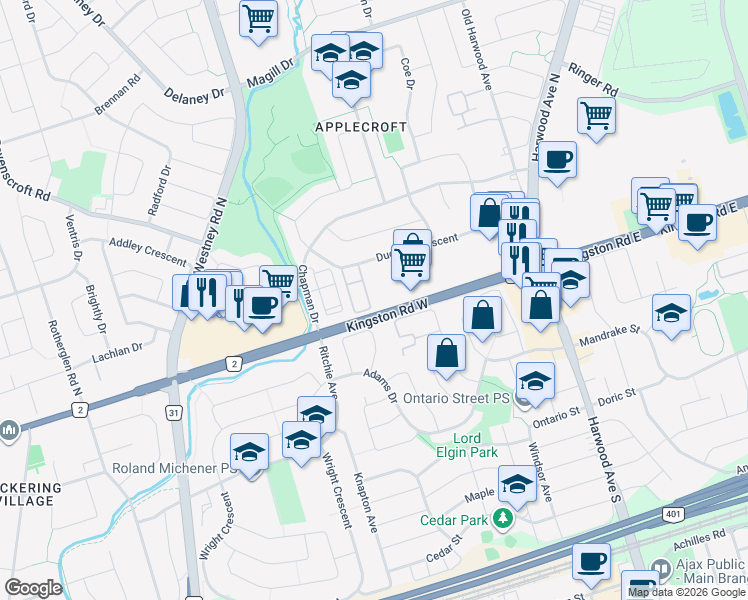 map of restaurants, bars, coffee shops, grocery stores, and more near 35 Ventura Lane in Ajax
