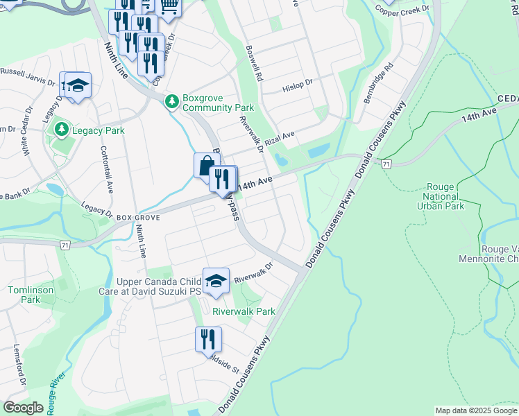 map of restaurants, bars, coffee shops, grocery stores, and more near 76 Andriana Crescent in Markham