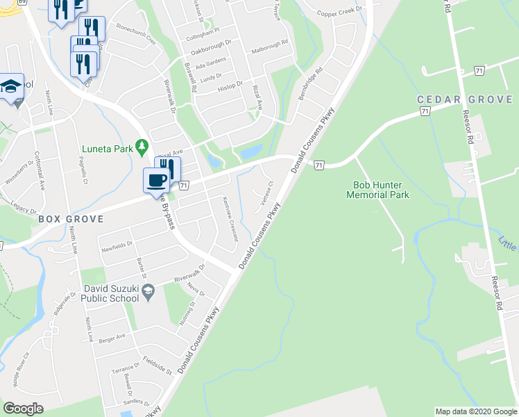 map of restaurants, bars, coffee shops, grocery stores, and more near 55 Vettese Court in Markham