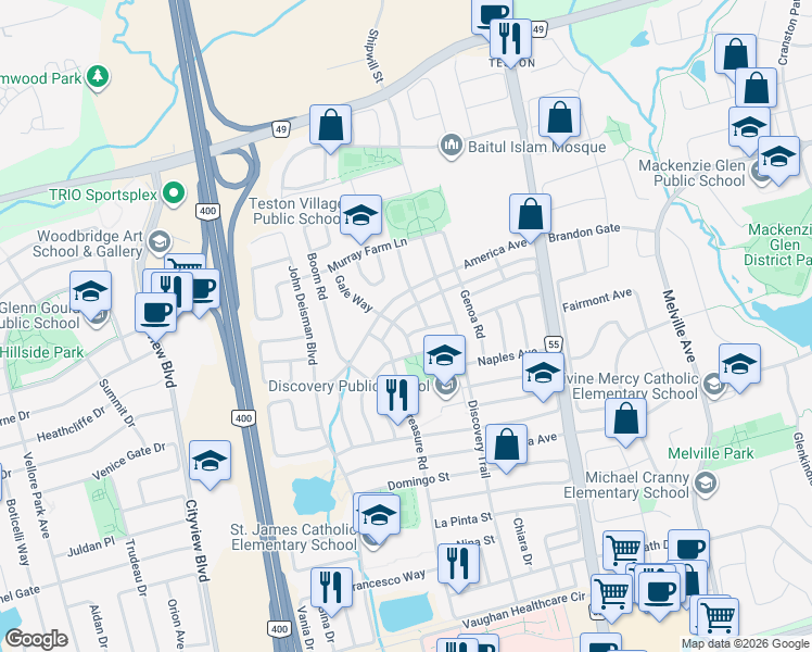 map of restaurants, bars, coffee shops, grocery stores, and more near 25 Ocean Avenue in Vaughan