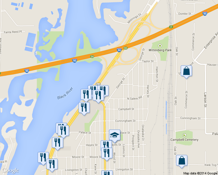 map of restaurants, bars, coffee shops, grocery stores, and more near 2617 George Street in La Crosse