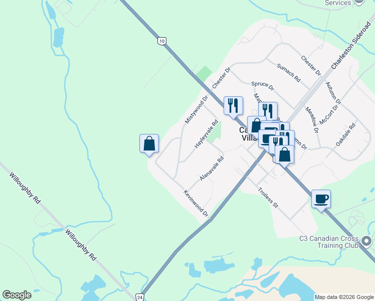 map of restaurants, bars, coffee shops, grocery stores, and more near 24 Hayleyvale Road in Caledon