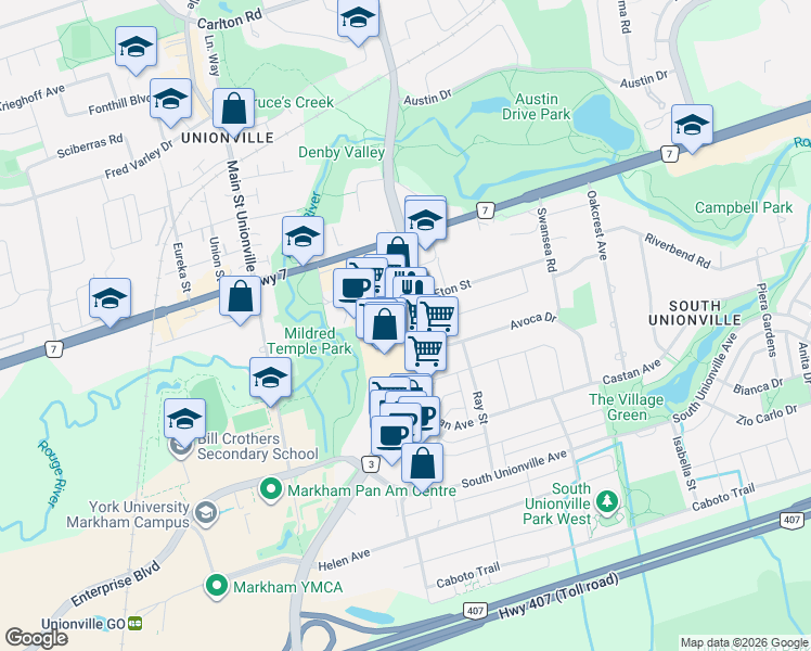 map of restaurants, bars, coffee shops, grocery stores, and more near 8360 Kennedy Road in Markham
