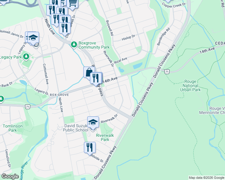 map of restaurants, bars, coffee shops, grocery stores, and more near 80 Andriana Crescent in Markham