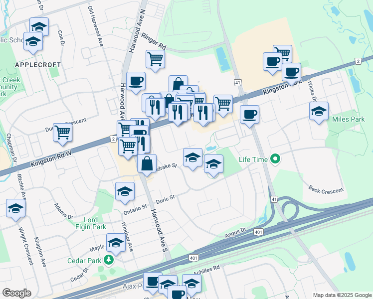 map of restaurants, bars, coffee shops, grocery stores, and more near in Ajax