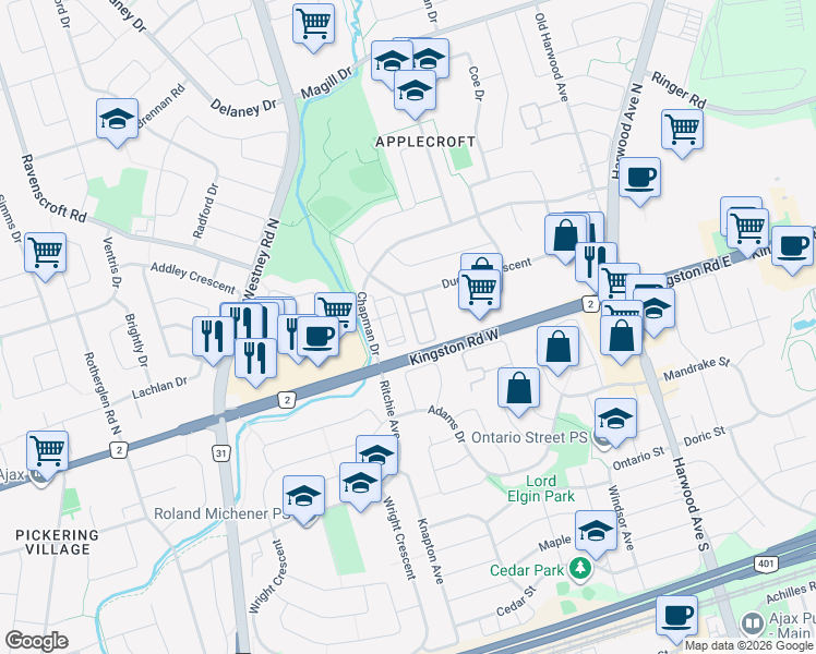 map of restaurants, bars, coffee shops, grocery stores, and more near in Ajax