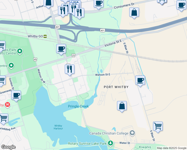map of restaurants, bars, coffee shops, grocery stores, and more near 260 Watson Street East in Whitby