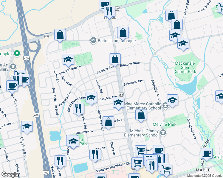 map of restaurants, bars, coffee shops, grocery stores, and more near 28 Chart Avenue in Vaughan