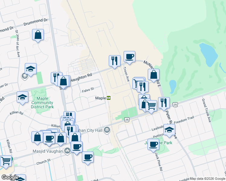 map of restaurants, bars, coffee shops, grocery stores, and more near 111 Eagle Rock Way in Vaughan