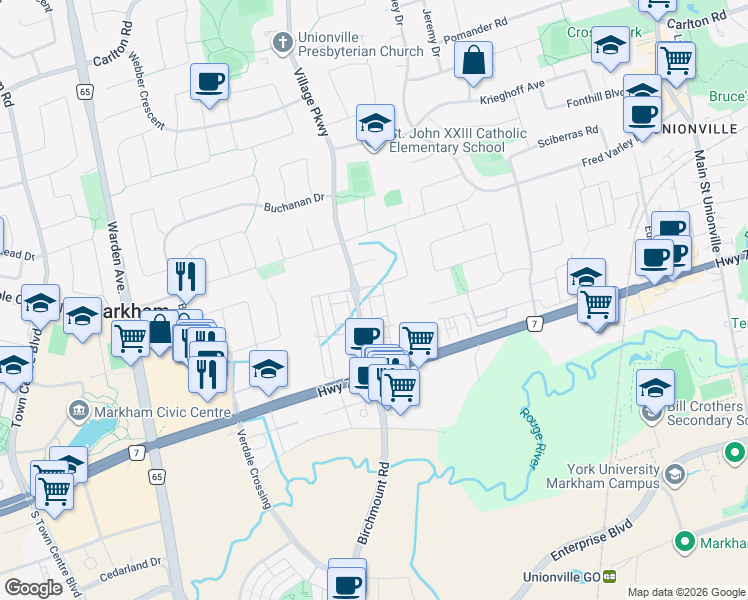 map of restaurants, bars, coffee shops, grocery stores, and more near 9 Miko Way in Markham