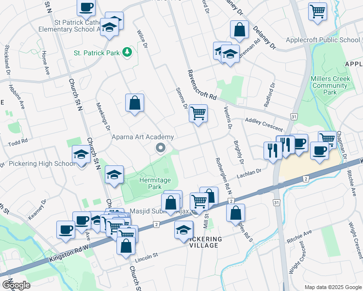 map of restaurants, bars, coffee shops, grocery stores, and more near 16 Griffiths Drive in Ajax