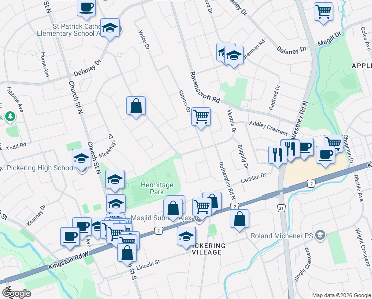 map of restaurants, bars, coffee shops, grocery stores, and more near 14 Griffiths Drive in Ajax