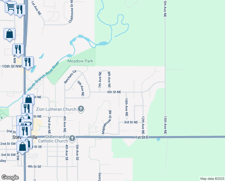 map of restaurants, bars, coffee shops, grocery stores, and more near 800 6th Street Northeast in Stewartville