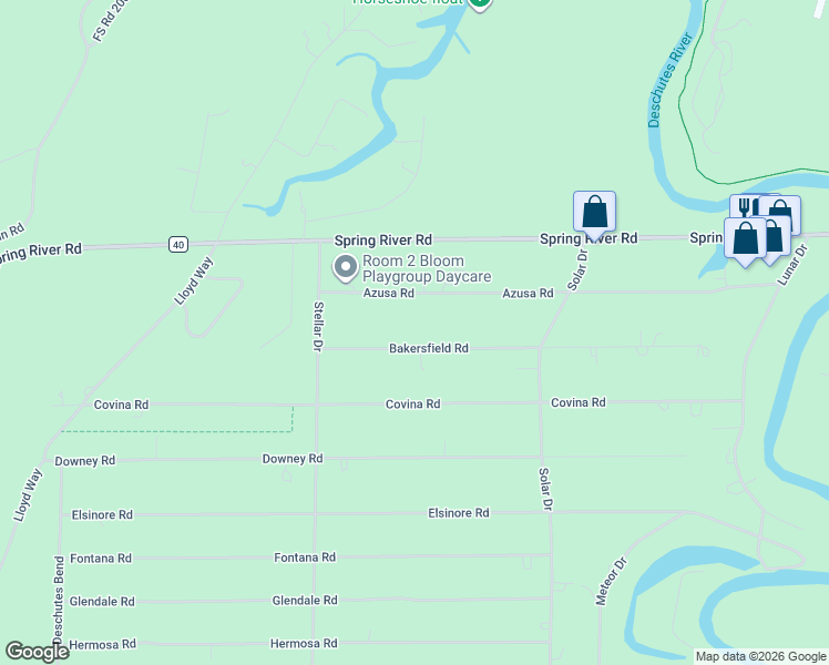 map of restaurants, bars, coffee shops, grocery stores, and more near 17094 Bakersfield Road in Bend