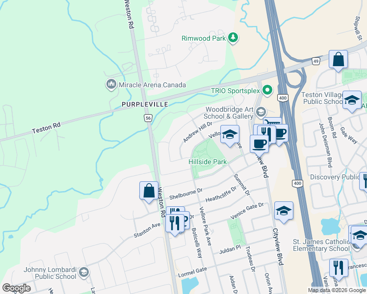 map of restaurants, bars, coffee shops, grocery stores, and more near 25 Andrew Hill Drive in Vaughan