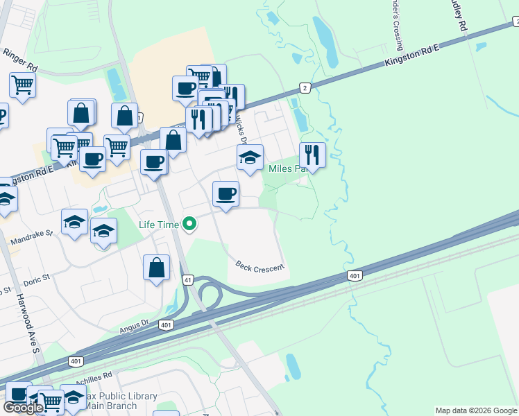 map of restaurants, bars, coffee shops, grocery stores, and more near 85 Chambers Drive in Ajax